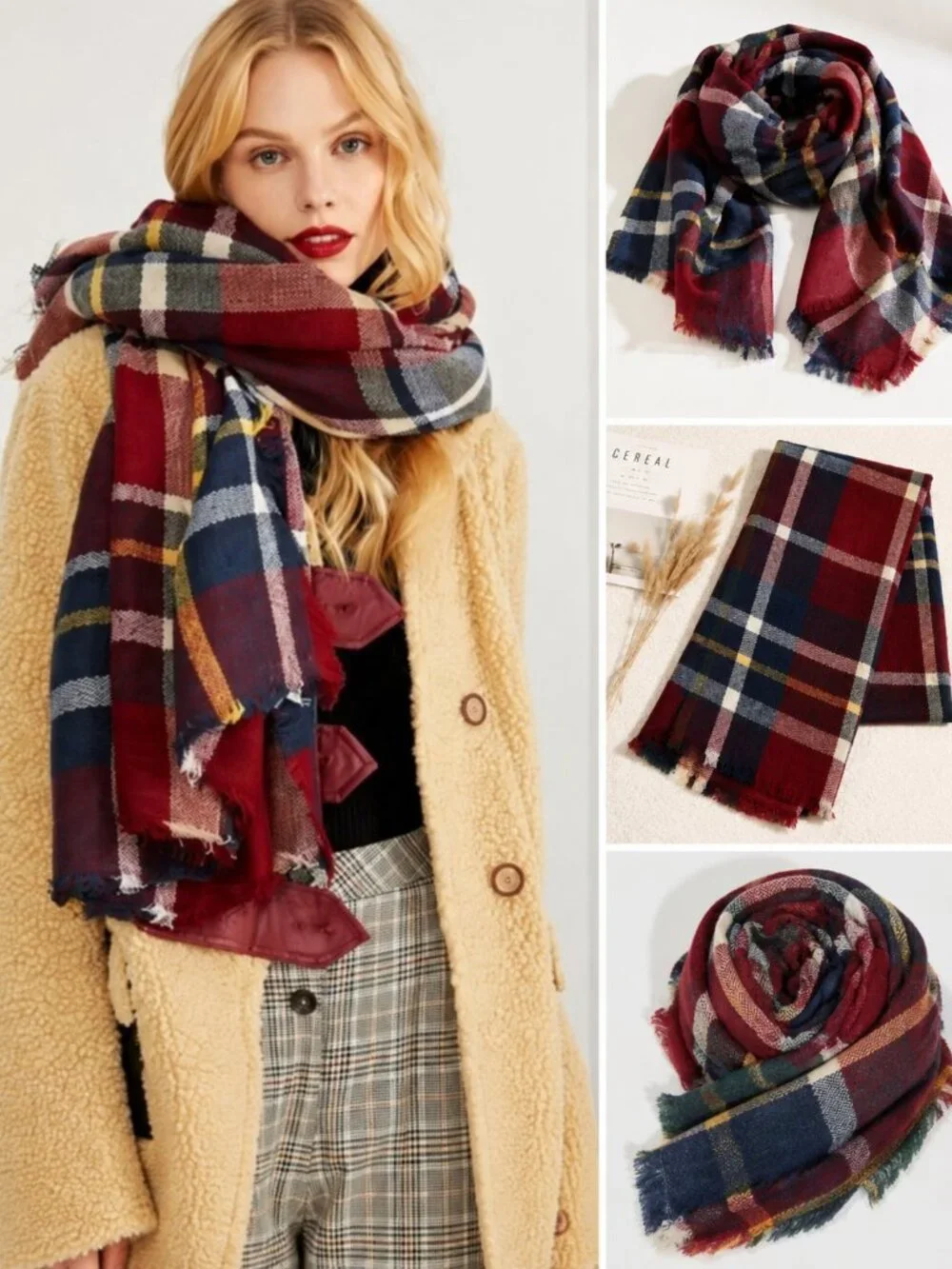 Oversized Plaid Blanket Scarf Red Navy Beige Soft Fringe Wrap Shawl Winter